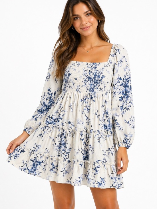 Altar'd State Dresses & Skirts - ALTAR’D STATE Blue Floral Smocked Mini Dress Puff Sleeve Cottagecore Feminine